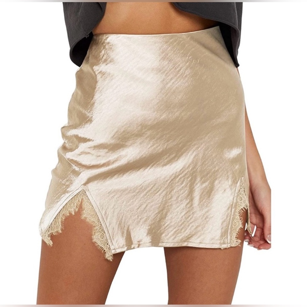 Satin Ivory Beige Zip Up High Waist XS Mini Skirt with Fringe Lace Slits